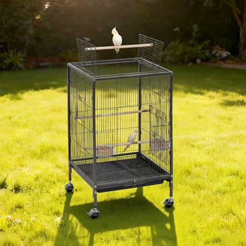 VEVOR Bird Cage, 18 x 18 x 30 inch, Open Flat Top, Wrought Iron Bird Flight Cage with Perches, Slide-Out Tray and Plastic Feeders, Casters, for Parrot, Blue Tit, Cockatiel, Canary, Budgerigar, Conure - size: 18.0"L x 18.0"W x 30.0"H