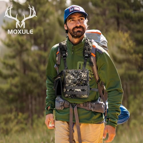 Binocular Harness Chest Pack - Rangefinder Pouch for Hunting Camo | Silent one-handed access, bino case with rain cover and removable pouch , MOLLE webbing for birdwatching and hiking - color: Camo