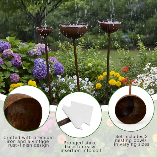 3 Pcs Vintage Metal Bird Bath Stakes for Garden, Decorative Outdoor Bird Bath Bowl Set, Rustic Rain Catcher Garden Art for Birds Butterflies Patio Lawn Flower Bed Decor (1-Tiered) - style: 1-tiered