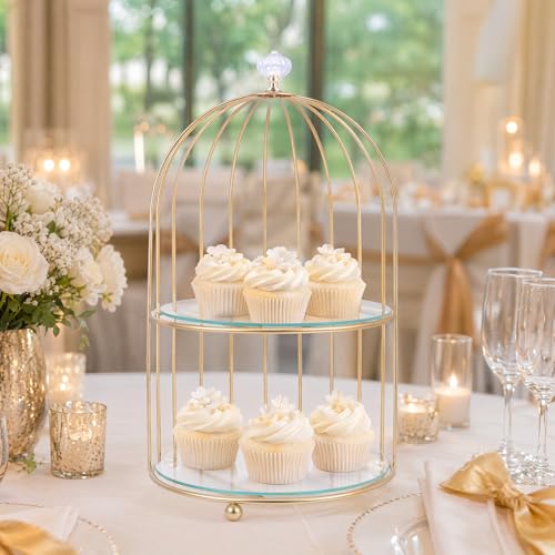 DOITOOL Gold Metal Cupcake Stand Bird Cage Dessert Stand, 2 Tier Dessert Display Stand Cake Holder for Wedding, Party, Birthday, Baby Shower Celebrations, Table Decorations