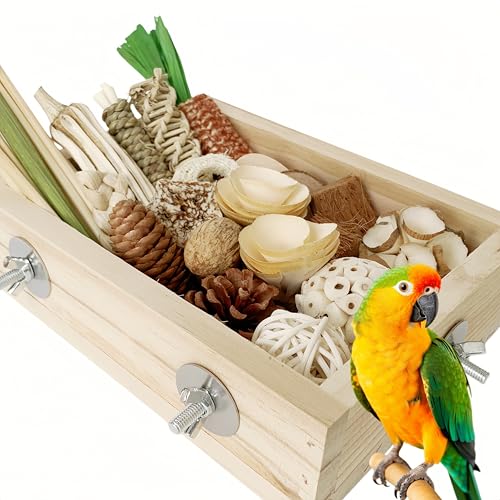 30PCS Natural Foraging & Chew Parrot Toys with Wooden Foraging Box | Natural Bird Toy Set for Parakeets, Cockatiels, Conures & Lovebirds, Encourages Chewing, Shredding & Foraging - size: X Large