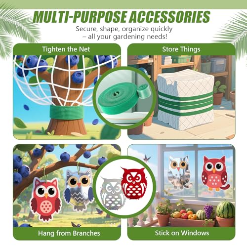 Large Garden Bird Netting with Zipper & Drawstring, 2 Pack 6.5x7.8 ft Plant Protection Cover for Trees/Shrubs, w/4 Reflective Tapes & 2 Securing Straps - size: 6.5×7.8 ft
