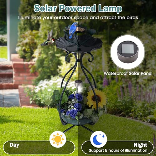 Giantex Bird Bath with Planter - Solar Lighted Bird Bath for Outside with Bird Feeder, Lotus Water Bowl for Bathing, Flower Planter with Drainage Holes, Standing Birdbath for Garden Yard (Green) - color: Green