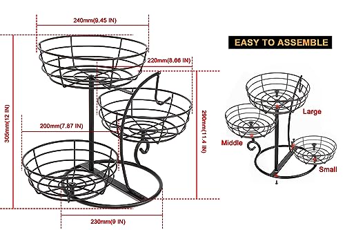Livabber Fruit Basket Bowl with Banana Hanger, Fruit Vegetable Storage Basket with Banana Tree Holder for Kitchen Counter, Detachable Organizer for Bread Snack Produce (Black, 3-Tier Metal Base) - color: Black, style: 3-Tier Metal Base