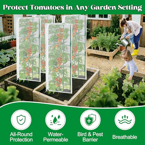 6 Pack Tomato Cage Netting Covers for Triangle Tomato Cages, 43" × 14.6" Fine Mesh Garden Netting with Easy-Access Zipper & Adjustable Drawstring, Durable Bird & Insect Barrier for Tomato Plants