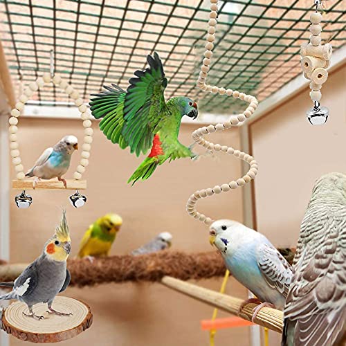 9-Piece Parakeet Toys & Budgie Toys, Bird Cage Accessories Set | Natural wood bird toys include coconut hideaway, swing, ladder, perch, mirror and hanging toys for budgies & cockatiels