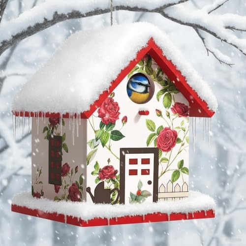 Spring Melody Bird House, Composite Material Nesting Box, Hanging Birdhouse for Blue Bird, Squirrel Proof Birdhouse for Outside, 10 Years Water Proof Weatherable Pole Mountable Bird House (Red) - color: Red Garden Cottage