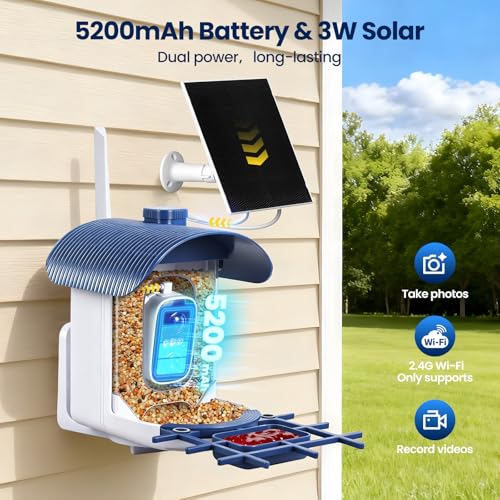 Smart Bird Feeder with Camera : 2K HD Video Live Stream, AI Birds Species Identification ＆ Instant Arrival Alerts, Solar Bird Feeder Camera for Outdoor Backyard - Ideal Gifts for Mom Dad Birdlovers - color: Blue