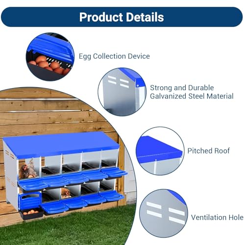 GarveeHome 2-Tier Chicken Nesting Box, 10 Compartment Metal Chicken Laying Boxes with Waterproof Roof ＆ Removable Trays for Hens, Poultry，Easy Egg Collection - color: Blue, size: 10 holes