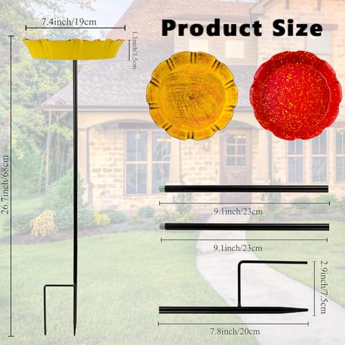 DREAMSOUL 2 Pack Bird Bath with Stake, Metal Garden Birdbath | Solid Metal Structure, Stable Ground Stake, Weather Resistant Red & Yellow Bird Bath for Outside Garden All-Year Use - size: 2PCS