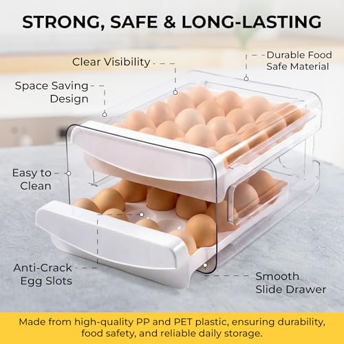 ALKAMI Egg Organizer for Refrigerator with Lid, Multi-Layer Egg Storage Container for Fridge 40 Eggs, Clear Plastic Dispenser Tray with Anti-Roll Cups, Large Capacity Space Saving Egg Bin