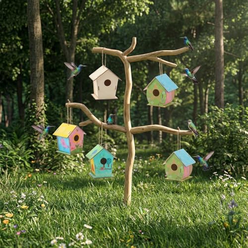 DoubleFill 60 Pcs Wooden Bird Houses Bulk for Kids Unfinished Wood Birdhouses for Children Wood Craft Project Kits for DIY Wooden Arts and Crafts for Summer VBS Crafts