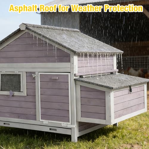 Large Chicken Coop for 2-4 Hens, Outdoor Wooden Hen House with 4 Nesting Boxes, Weatherproof Asphalt Roof, Dual Ramp Doors, Pull-Out Tray - color: Grey, size: 67.2"L(4-6 chickens)