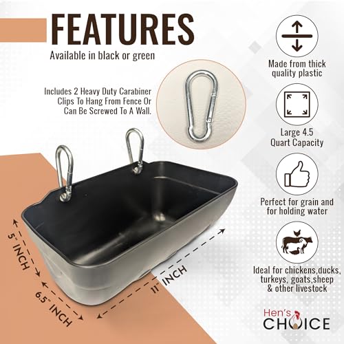 Hen's Choice™ Feeder and Waterer Trough for Chickens, Ducks, Goats, Sheep, Turkey, 4.5 Quart Capacity (4, Black)