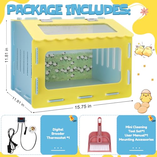 BreezeHug 15.7 x 11.8 x 11.8 in Brooder Box Kit for Chick Quails with Heated Lamp Digital Temperature Controller Cleaning Tool Kit Stickers Brooder Box for Chickens Ducks Quails Hamsters Rabbit Lizard