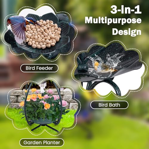 Giantex Bird Bath with Planter - Solar Lighted Bird Bath for Outside with Bird Feeder, Lotus Water Bowl for Bathing, Flower Planter with Drainage Holes, Standing Birdbath for Garden Yard (Green) - color: Green