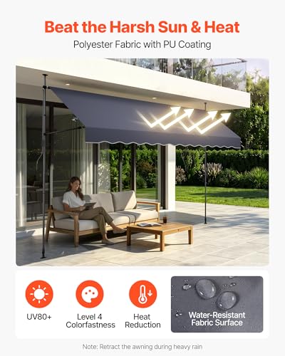 VEVOR Manual Retractable Awning, 138" x 59" Outdoor Patio Awnings Sunshade Shelter with 43"-59" Retractable Side Bar, No Drill Height Adjustable, Crank Handle for Backyard, Balcony, Dark Gray - size: 138x59 in