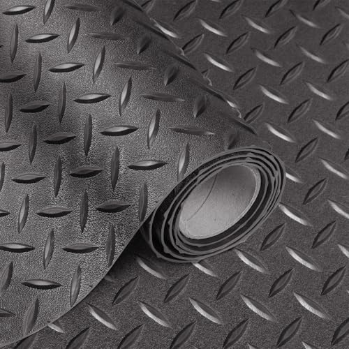 2.5mm Thickened 5Ft x 7.5Ft Garage Floor Mat Rubber Flooring Roll, Grey | 37.5sqft Diamond Plate PVC Rubber & Vinyl Flooring Roll, Non-Slip Floor Protector Mat for Garage Warehouse Basement Trailer - size: 4.9Ft x 7.5Ft-Grey