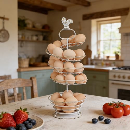 Fresh Egg Holder Countertop Vintage Metal Spiral Egg Holder with Storage Basket Farmhouse Countertop Egg Storage Rack for Kitchen Organization (Spiral White) - color: Spiral White