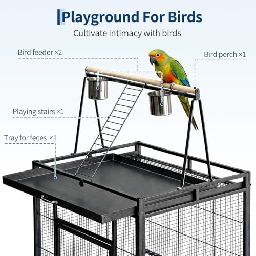 69" H Extra Large Bird Cage with Play Top & Rolling Stand, Wide Metal Parrot Cage for Macaws, Parakeets, Cockatoos, Conures, Lovebirds, Includes Bowls | Wide Flight Cage for Macaws, Parakeets, Cockatoos, Conures, Lovebirds, Includes Bowls - size: 31.9"L x