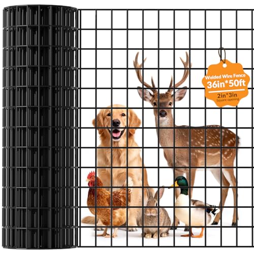 Welded Wire Fencing 36 Inch x 50 Foot,2 Inch x 3 Inch 16GA Black PVC Wire Fence,Vinyl Coating Metal Wire Mesh for Yard Vegetable Protection Goat & Poultry Netting - size: 36in*50ft 2″×3″