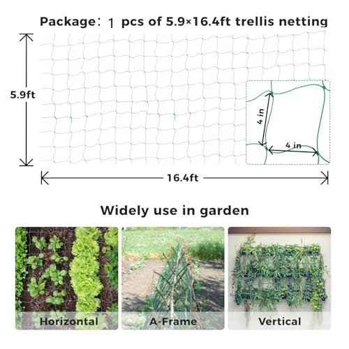 Kikhope Trellis Netting for Climbing Plants, 5.9x16.4 ft Garden Trellis Net | Plants Trellis, Garden net for Cucumber Vine Tomato, Garden netting for Climbing Vine Plants - size: 5.9ft x 16.4ft (1 Pack)