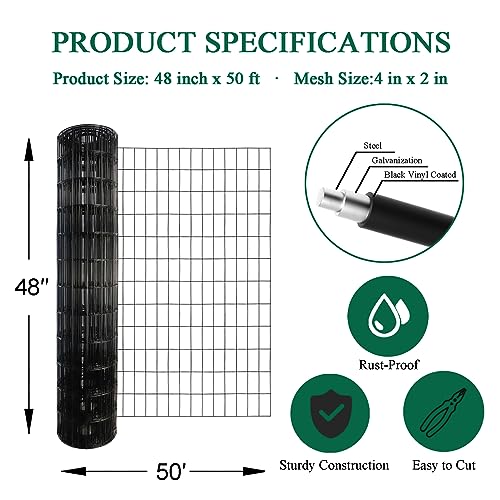 Black PVC Coated Welded Wire Fence 48" x 50' Roll, 2"x4" Mesh, 14 Gauge | Vinyl Coated Garden Fencing, Yard & Pet Barrier, Chicken Wire Fencing, Dog Enclosure Mesh, Vegetable Plant Protector - color: Black, size: 2''x4'' 14GA 48''x50'
