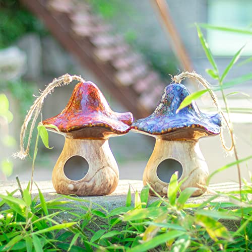 Yinns Hanging Bird House, Decorative BirdHouses for Garden Decor, 2 PSC | Birdhouses for Outside, Decorative Mushroom Ceramic Bird House for Wild Birds, Finch, Cardinal, and Bluebird - color: D-blue and red