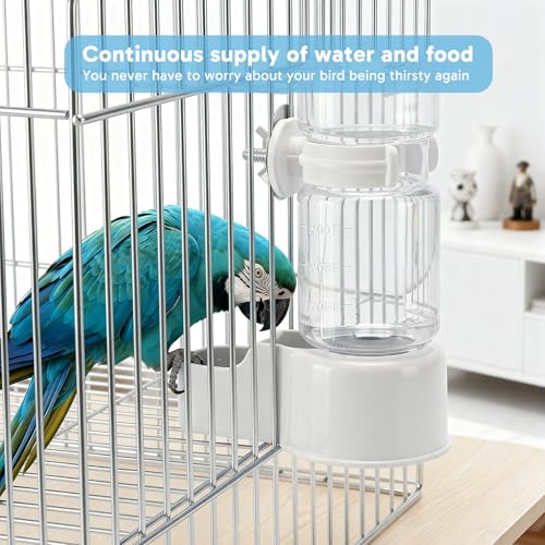 2 Pcs Parakeet Water Dispenser, Automatic Bird Water Dispenser Hanging Feeder, No Drip Bird Cage Water Fountain for Parrots, Finches, Small Pet Birds, Easy to Install and Use(White, Blue)