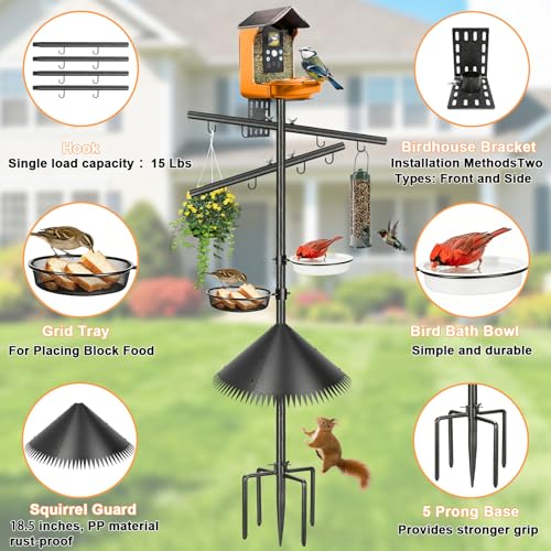Bird Feeder Pole, 92 Inch Squirrel-Proof Bird Feeder Stand with 8 Hooks, Water Bowl and Mesh Tray, Adjustable Birdhouse Pole, Perfect for Outdoor Garden & Yard - color: Crossbar style