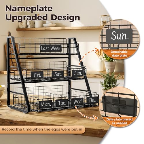 Egg Holder Countertop with 3 Pull-Out Tier Baskets, Black | Sturdy Metal Frame, 5 Adjustable Dividers,7 Date Tags, Egg Basket for Gathering Fresh Eggs, Chicken Coop Accessories - color: Black