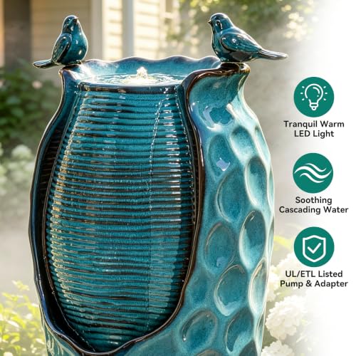 Autodaya 33" Vase Ceramic Outdoor Water Fountain with Lights and Birds | teal blue glazed water feature with textured design, ambient soothing cascading water flow for garden patio yard sanctuary - color: 33"h-birds Jar Turquoise Glaze