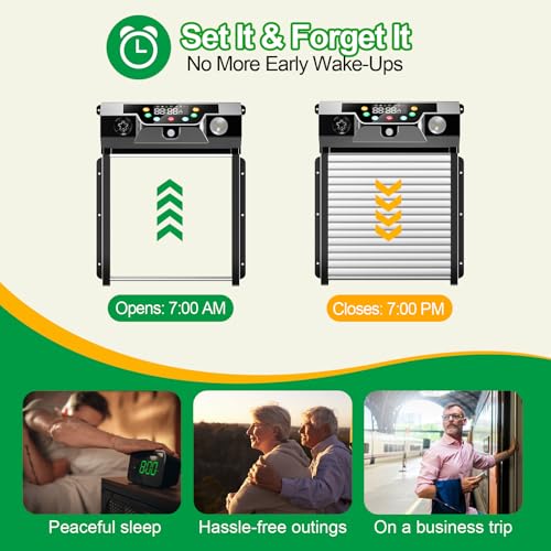 Automatic Chicken Coop Door Solar Powered, Roll-Up Chicken Door with Timer & Light Sensor, Anti-Pinch Safety Auto Chicken Door with Remote Control, Weatherproof Aluminum Coop Door (Black)