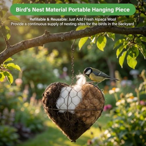 Alpaca Fiber Bird Nesting Heart, Refillable Bird Nesting Material Holder, Hummingbird Houses Nest Boxes for Outdoor Wild Birds Nestings