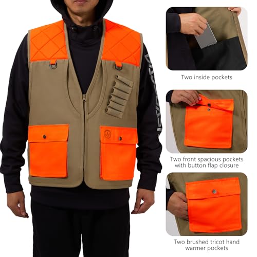 BASSDASH Upland Game Field Water-Resistant Bird Hunting Vest with Multi Pockets Men Women FV11 - color: Dark Khaki/Blaze Orange, size: Medium