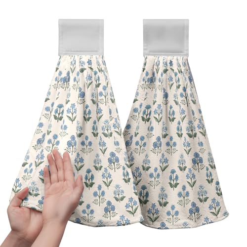 Blue Green Floral Summer Hanging Kitchen Towels Vintage Flowers Hand Towel with Hanging Loop Farmhouse Decorative Bath Tie Towels Soft Absorbent Fingertip Dish Cloth Set of 2 - color: Blue Green Floral