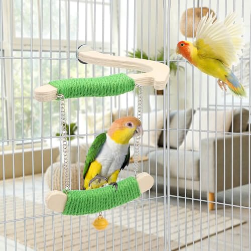 Litewoo Bird Swing Perch Stand Parrots Chewing Toy for Parakeets Cage, M | Natural wood & green hemp rope, chew/swing/stand toy, balance & exercise for small-medium bird/budgies/conures/lovebirds - size: M