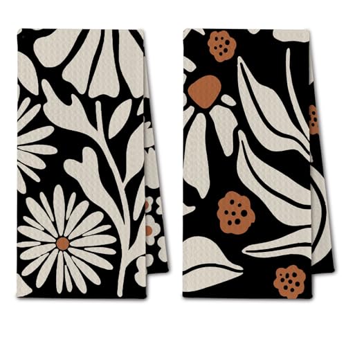 Abstract Boho Beige and Black Floral Kitchen Towels, Groovy 70s Retro Botanical Dish Towels Drying Cloth for Kitchen, Mid Century Modern Flower Hand Towels for Bathroom, 16x24 Inch Set of 2 - color: Black Beige