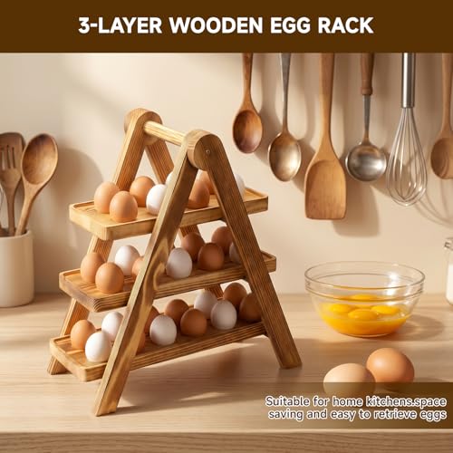 Wooden Egg Holder Countertop, 3 Tier A-Frame Fresh Egg Storage, 30 Hole Pull out Eggs Racks Basket, Egg Storage Organizer for Farmhouse Kitchen Counter, Kitchen Chicken Coop, Easy Storage