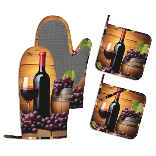 Kitchen Mitts Set,Grape Wine Bottle Oven Mitts and Pot Holders Sets,Thick Cotton Heat Resistant Farmhouse Barrel Hot Pan Holder Extra Long Cooking Mitts for Cooking Baking Grilling BBQ Bakeries - color: Grape Wine Bottle