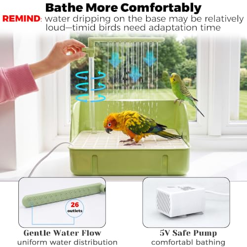 Automatic Parakeet Bird Bath with Pump & Control Valve for Tame Birds | Large Bird Shower Fountain Indoor Bathtub, Parrot Bath Tub Faucet for Pet Birds, Cockatiel, African Grey, Conure, Lovebird - color: Green with Control Valve