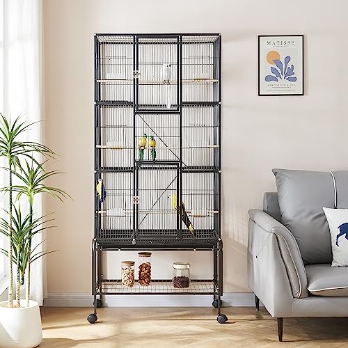 Panana 69inch Height Large Bird Cages Parrot Cage Wide Flight Metal Animal Cage for Budgie Parakeet Conure with Rolling Stand Wheels (Black)