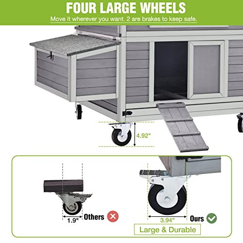 GUTINNEEN Large Chicken Coop on Wheels Mobile Wooden Hen House Weatherproof Duck Poultry Cage 67.3" L for 6-8 Chickens with 6 Nesting Box - size: 67.3"L x 40.0"W x 49.8"H