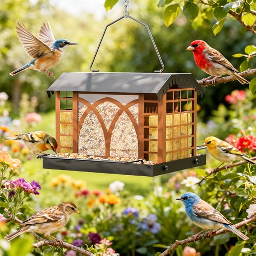 Bird Feeders for Outdoors Hanging, Metal Bird Feeder with Double Suet Cage Weatherproof Metal Roof, 3.5Lbs Large Capacity Great for Attracting Finch Cardinal Chickadee Wild Birds, Pinecone Brown - color: Pinecone Brown