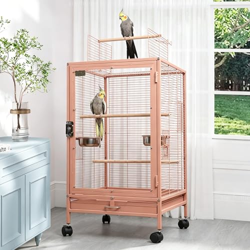 xixi-home Parrot Cage,Metal Bird Cage Ornamental Cage -with Play Top and Wheel,Large Birdcage Flight Cages for Outdoors for Parakeet,Lovebirds,Cockatiels(Type B - Pink) - color: Pink - B