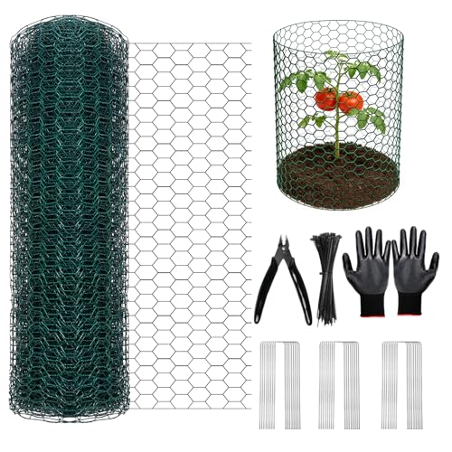 Chicken Wire for Floral Arrangements, 16x197in Chicken Wire Fencing, Green | Hexagonal PVC Coated, Metal Poultry Wire Netting for Craft, Outdoor Plants - size: 16x197 inch
