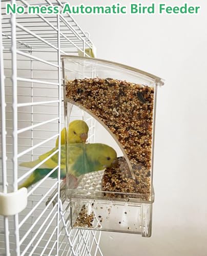 Hamiledyi 2Pcs No Mess Bird Feeder Automatic Bird Cage Feeder Transparent Acrylic Parrot Seed Food Container with Perch for Parakeet Finch Lovebirds Budgies Canary - color: Transparent Feeder - 2 PCS