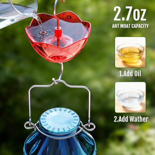 Birdream Hummingbird Feeders for Outdoors, 25oz Glass Hummingbird Feeder with Perch & 5 Bee Guard Feeding Ports, Leak Proof, Includes Ant Moat and Cleaning Brush, Gift for Women Mom, Blue - color: Blue