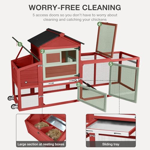 Mobile Chicken Coop with Wheels for 4-6 Chickens, Large Outdoor Hen House with Run, Weatherproof Asphalt Roof, Sectionable Nesting Box & Pull-Out Tray, 82.4" L x 25.8" W x 44.1" H - Red - size: 82.4"L x 25.8"W x 44.1"H