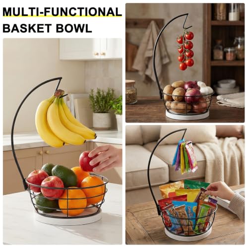 Livabber Countertop Fruit Basket Bowl with Banana Hanger, Modern Standing Fruit Vegetable Bowl Storage, with Banana Tree Holder for Kitchen Dinning Table (Round Marble, Black) - color: Black, style: Round Marble